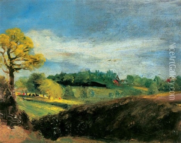 East Bergholt Common: View To The Rectory From The Fields Behind Golding Constable's House Oil Painting - John Constable