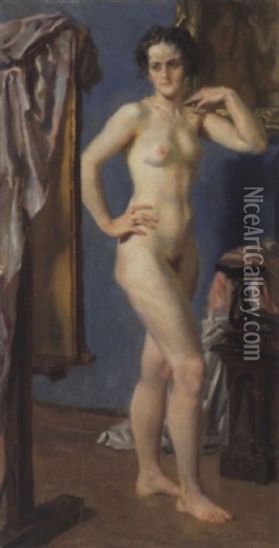 Stehender Frauenakt Vor Staffelei Oil Painting - Theodor Baierl