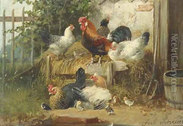 Poultry in a farmyard Oil Painting - Julius Scheuerer