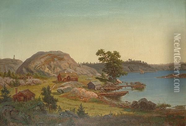 Landscape With Figures Beside A Fjord Oil Painting - Carl August Fahlgren