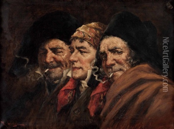 Die Wirkung Des Rauchens: Drei Charakterkopfe Oil Painting - Roman Arregui