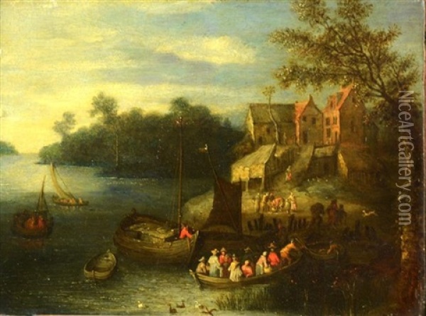 River Landscape With Landing Oil Painting - Joseph van Bredael