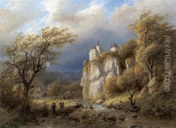 Blick Auf Eine Burg Am Felsen Oil Painting - Barend Cornelis Koekkoek