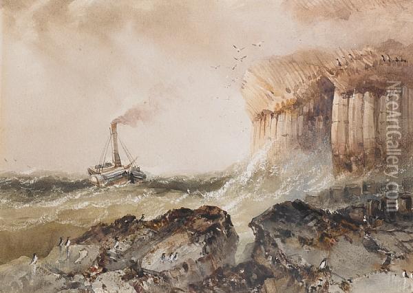 A Paddle Steamer In Choppy Seas 
Off Fingal'scave, Staffa, C.1829. Watercolour, Heightened By Scratching. Oil Painting - Henry Barlow Carter