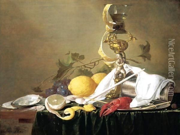 Still Life Of A Wine-Glass On A Parcel-Gilt Stand, An Overturned Silver Beaker And A Lobster On A Pewter Plate, Together With A Clay Pipe, Lemons, Grapes, Shrimps And Oysters, All Arranged Upon A Table-Top Draped With A Green Cloth Oil Painting - Jan Davidsz. De Heem