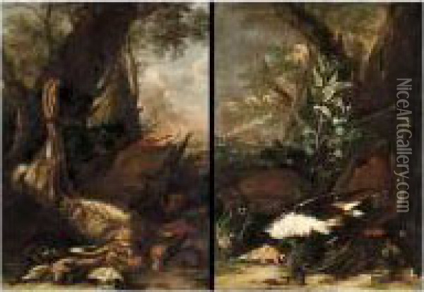 A Still Life With A Duck, Nightingales And A Finch In A Landscape;
 A Still Life With A Hare, Ducks And Snipe In A Landscape Oil Painting - Jacob van der (Giacomo da Castello) Kerckhoven