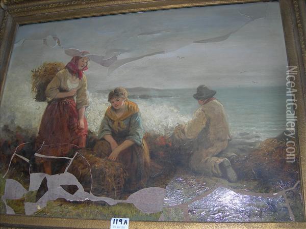 Fisherfolkburning Seaweed Near The Shore Oil Painting - Frederick Gerald Kinnaird