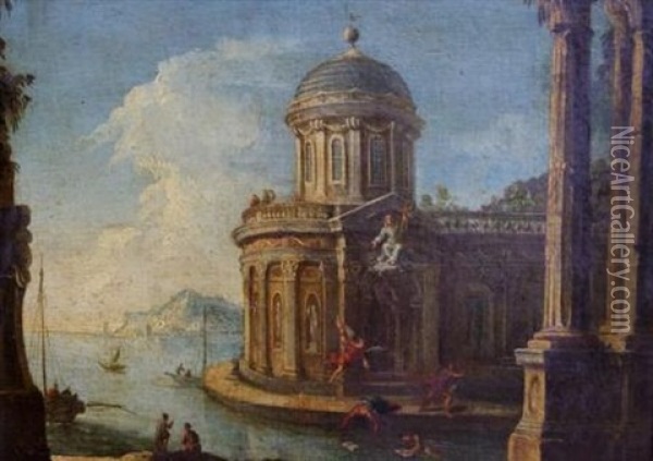 Palais Classique Et Ruines Antiques Au Bord D'un Rivage Mediterraneen Oil Painting - Francesco Battaglioli