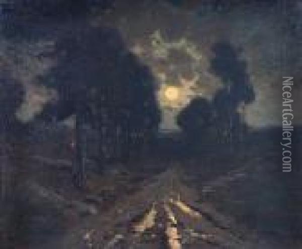 Moonrise Over A Tree Lined Road Oil Painting - Manuel Valencia