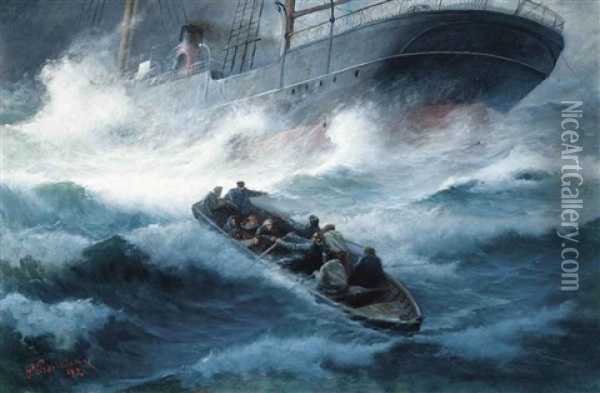 A Steam Yacht Foundering In A Storm With Rescue At Hand Oil Painting - Pavlo Prosalentis