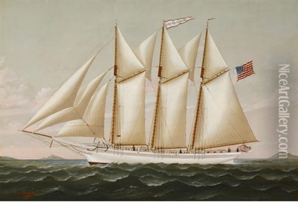 The Three Masted Schooner Joseph G. Dean Headed Out To Sea Oil Painting - Charles Sidney Raleigh