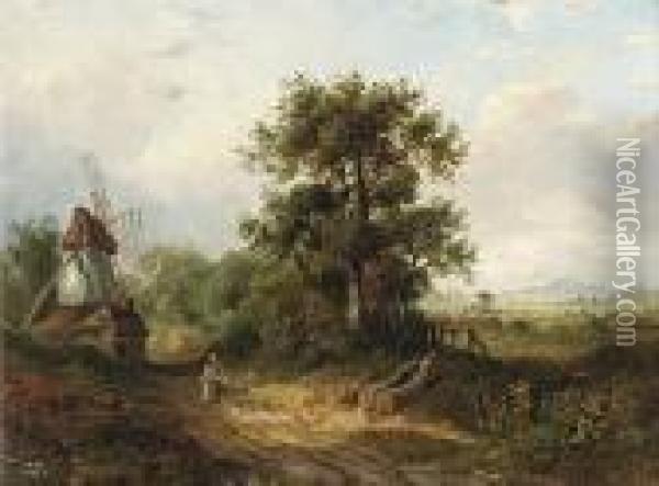 A Figure On A Country Track By A Windmill Oil Painting - J. Westall