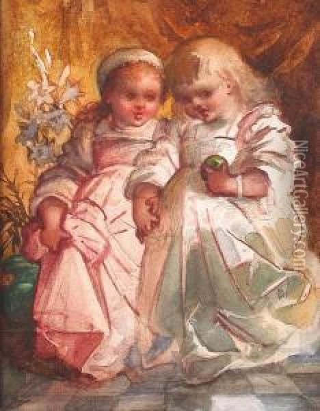 Portrait Of Young Girls With An Apple Oil Painting - Louisa Anne, Marchioness of Waterford