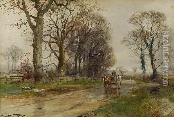 Country Lane With Farmer, Horse And Cart Oil Painting - Henry Charles Fox