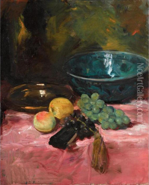 Still Life With Fruit And A Blue Bowl Oil Painting - George Leslie Hunter