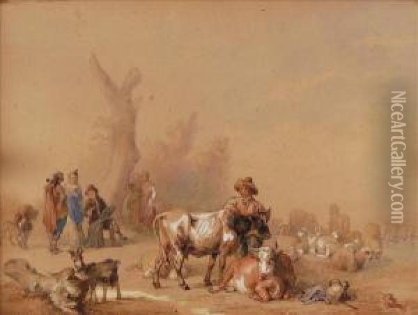 Figures Withcattle, Sheep And A Goat Oil Painting - Edmond Jean Baptiste Tschaggeny