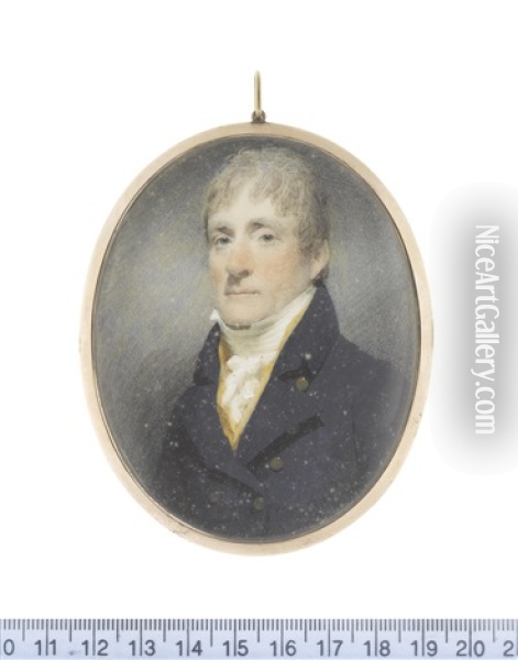 A Gentleman, Wearing Blue Double-breasted Coat, Yellow Waistcoat, White Frilled Chemise, Stock And Tied Cravat, His Hair Worn Short Oil Painting - John Wright