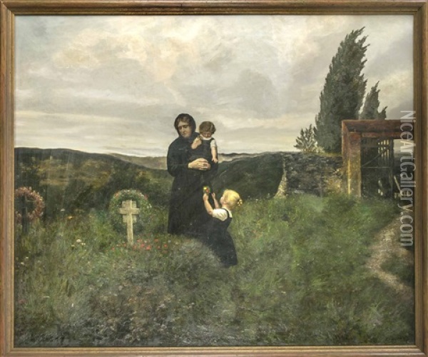 Mutter Mit Ihren Beiden Kindern Am Grab Ihres Mannes Oil Painting - Max Weese