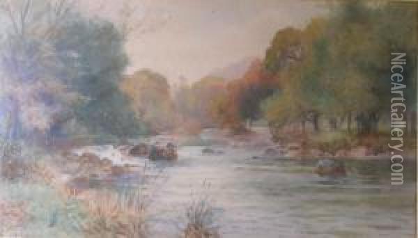 An Autumnal River Landscape Oil Painting - Arthur Netherwood