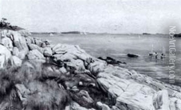 Rocky Shoreline With Distant Fishing Boats Oil Painting - John Colin Forbes