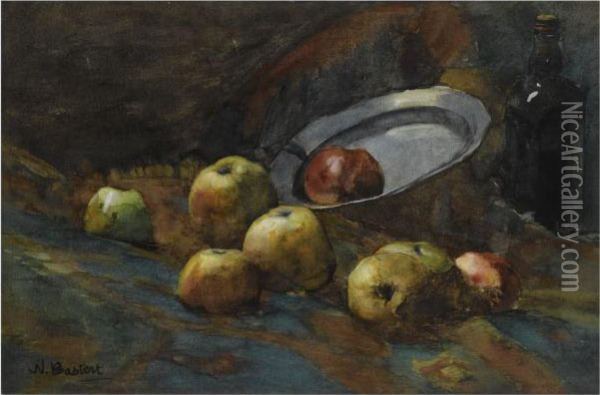 A Still Life With Apples, A Bottle And A Pewter Plate Oil Painting - Nicolaas Bastert