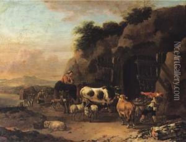 Peasants Driving Their Cattle And Sheep Into A Cave In Anitalianate Landscape Oil Painting - Jan Frans Soolmaker