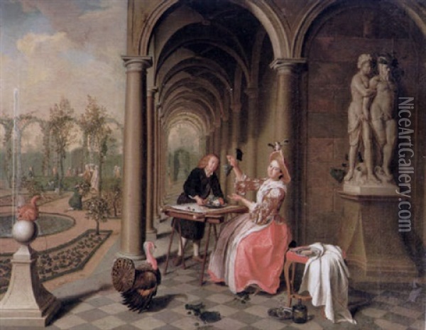 The Colonnade Of A Country House With A Lady Seated Beside A Statue Being Served A Dish Of Fruit Oil Painting - Pieter Jacob Horemans