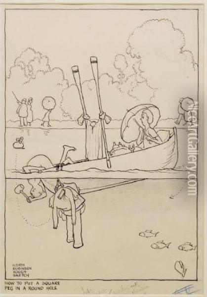 How To Put A Square Peg In A Round Hole Oil Painting - William Heath Robinson