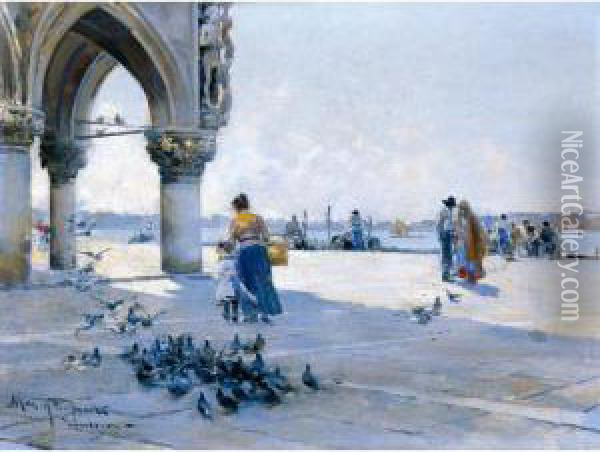 Dando De Comer A Las Palomas, Venecia (feeding The Pigeons, Venice) Oil Painting - Arcadio Mas Y Fondevila