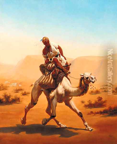 An Arab riding a camel at speed Oil Painting - Horace Vernet
