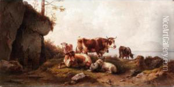 Cattle Grazing Oil Painting - Edmund Mahlknecht
