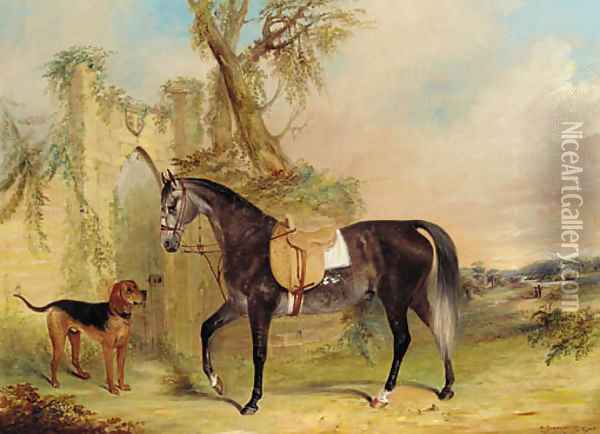A saddled grey hunter with a dog before a gothic gateway Oil Painting - James Edward Freeman