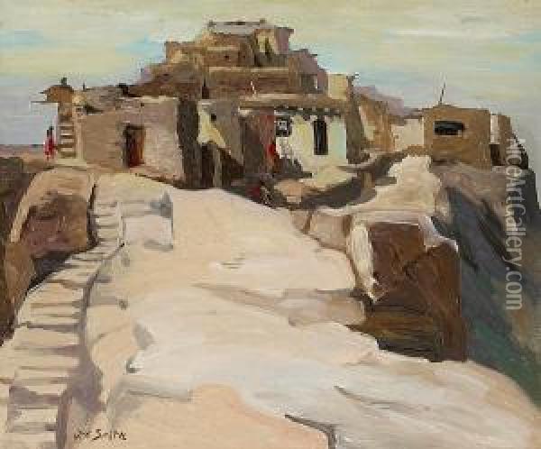Pueblo Scene, Believed To Be Acoma Pueblo Oil Painting - John Christopher Smith