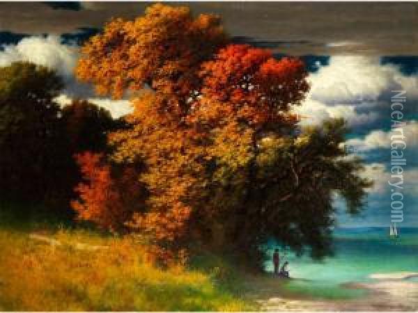 Herbstliche Seeuferlandschaft Mitbewegten Wolken Und Anglern Am Ufer Oil Painting - Hermann Traugott Rudisuhli