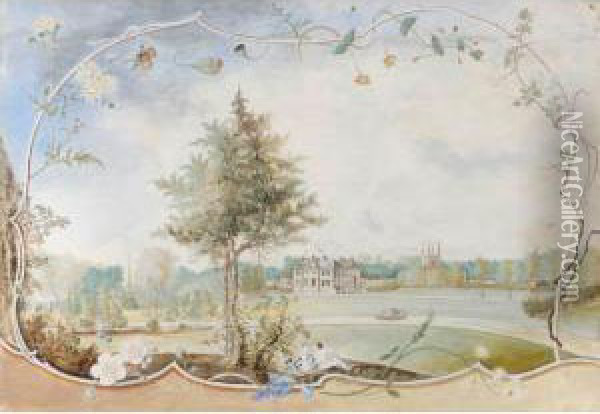The Grounds Of Honington Hall, Warwickshire, Showing The South And West Fronts Oil Painting - Thomas Sen Robins