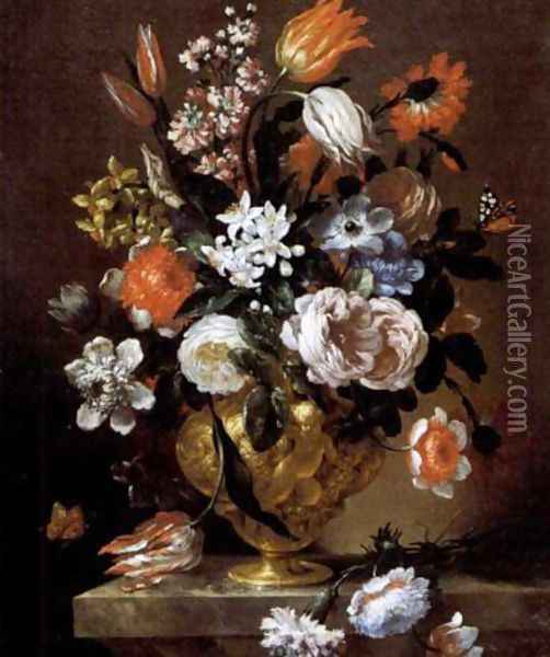 Fiori in vaso di metallo 1690-99 Oil Painting - Bartolommeo Bimbi