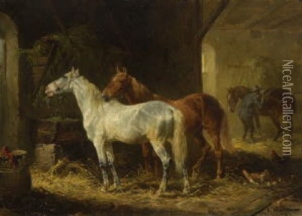 Pferde Im Stall Oil Painting - Ludwig Hartmann