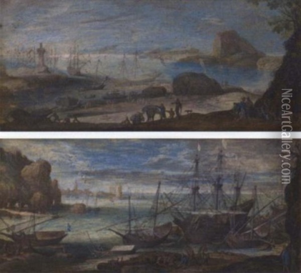 Provisioning A Galleon In An Inlet, Italian Port View Beyond Oil Painting - Orazio Grevenbroeck