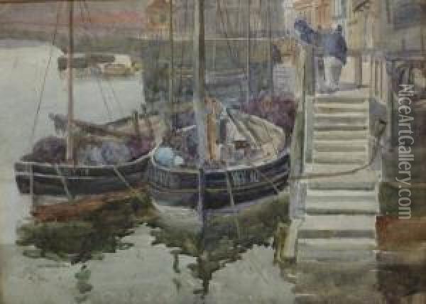 Fishing Boats In Whitby Harbour Oil Painting - James Watson