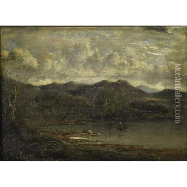 A Canoe And Figure In A Mountain Landscape Oil Painting - Alfred Jacob Miller