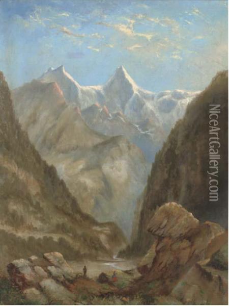 Figures In An Alpine Landscape Oil Painting - Alexandre Calame