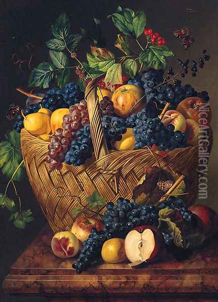Grapes, Apples And Pears In A Basket With Berries And Butterflies On A Marble Ledge Oil Painting - Leopold Zinnogger