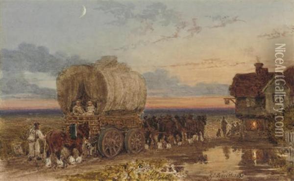 A Hay Wain Arriving At An Inn At Twilight Oil Painting - George Jnr Barrett