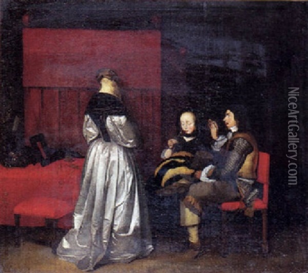 Interior Med Tre Personer I Samtale Oil Painting - Gerard ter Borch the Younger