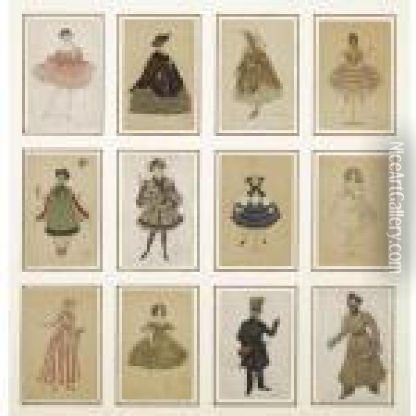 Twelve Postcards Of Costume Designs From The Ballet 'la Fee De Poupees' Oil Painting - Lev Samoilovich Bakst