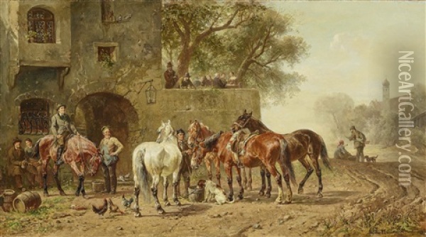 Horses Drinking In Front Of A Rest House Oil Painting - Ludwig Hartmann