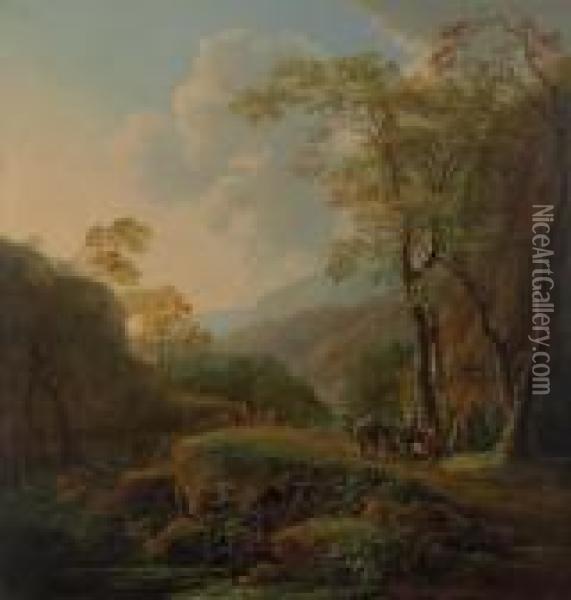 A Wooded Italianate Landscape With Travelers On A Path Oil Painting - Frederick De Moucheron