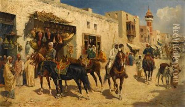 Arab Horsemen In A Busy Street Oil Painting - Giuseppe Gabani