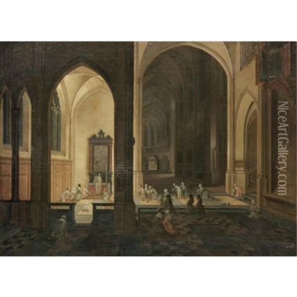 The Interior Of A Gothic Church By Night, With A Priest Conducting A Service In A Side Chapel Oil Painting - Peeter Neeffs the Younger