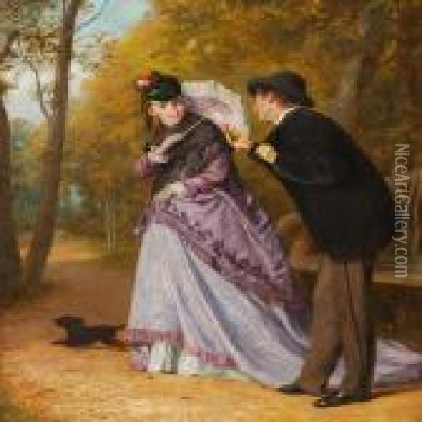 A Gentleman Is Presenting A Buttonhole To An Elegant Lady Oil Painting - Valentin Walter Bromley